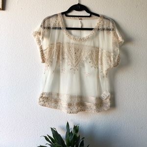NWOT White/Tan Sheer Embroidered Crop Top